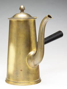 US NAVY SIDE HANDLED COFFEE POT.: First half 20th century, brass. Made by Reed and Barton for the US Navy, lighthouse shape and goose neck. 9.75"h.