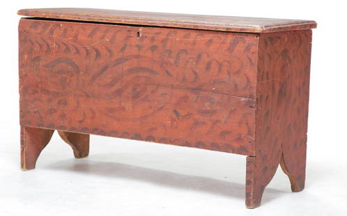 AMERICAN DECORATED SIX-BOARD BLANKET CHEST.: First half 19th century, pine. Top with routed edge, cut-out ends and original rust-red and black paint decoration. Wear, damage, age splits, damage to hinge rail. 21.5"h. 36.5"w. 14.25"d.