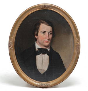 AMERICAN OIL ON CANVAS PORTRAIT.: Mid 19th century. Young gentleman. Rebacked on heavy cardboard, crease with loss of paint at bottom center, 24"h. 20"w. Framed, 27.25"h. 23.25"w.