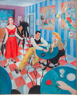 AMERICAN OIL ON FIBERBOARD BY CHARLES E. PRESTON.: Dated 1952. Interior cafe scene, 30"h. 22.5"w. Framed, 35.75"h. 28.25"w.