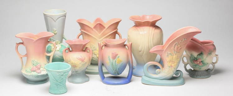 HULL AND WELLER POTTERY PIECES.: Ohio, 20th century. Eight pieces of Hull pottery and one piece of Weller. Featuring patterns "Magnolia", "Wildflower", "Tulip". Varying wear and loss. Weller vase 10"h.