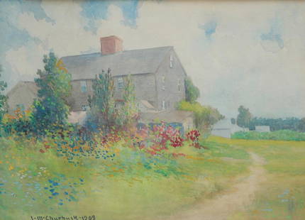 AMERICAN WATERCOLOR LANDSCAPE BY LM CHURBUCK.: Leander M. Churbuck, 1861-1940. Pleasant view of East Coast house. Signed and dated lower left. 18.25"h. 23.25"w.