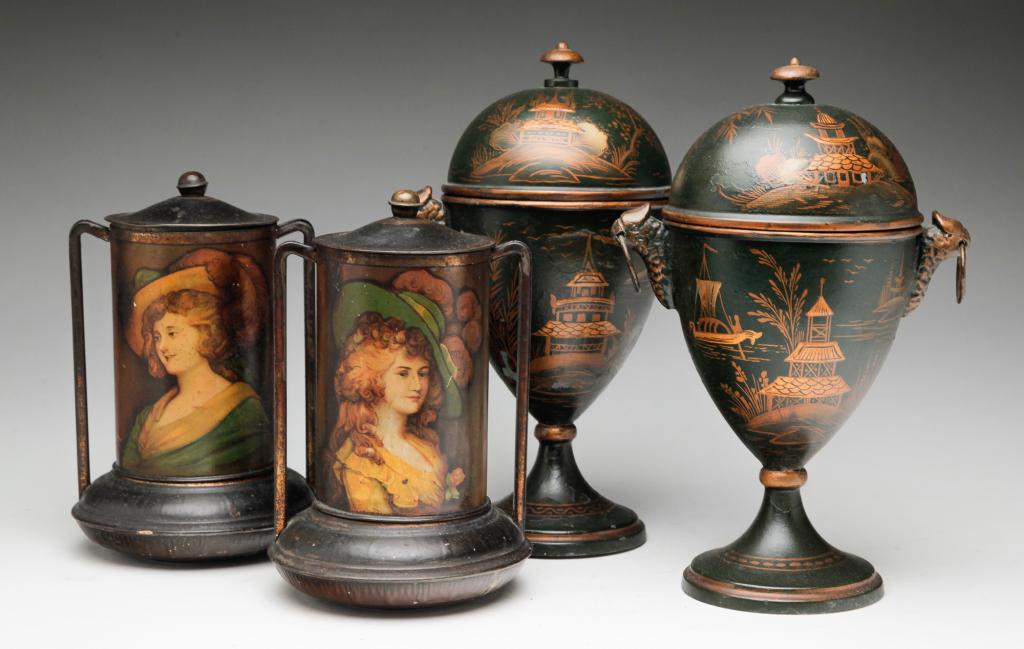 PAIR OF BISCUIT TINS AND PAIR OF FRENCH URNS. (1 of 7)