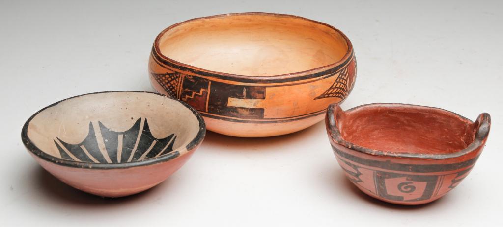 TWO NATIVE AMERICAN POTTERY BOWLS AND BASKET. (1 of 2)