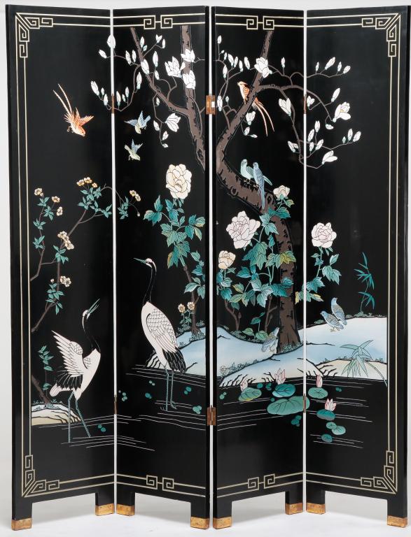 CHINESE FOUR PANEL BLACK LACQUER SCREEN. (1 of 3)