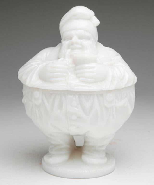 MILK GLASS FIGURAL LIDDED JAR. (1 of 4)