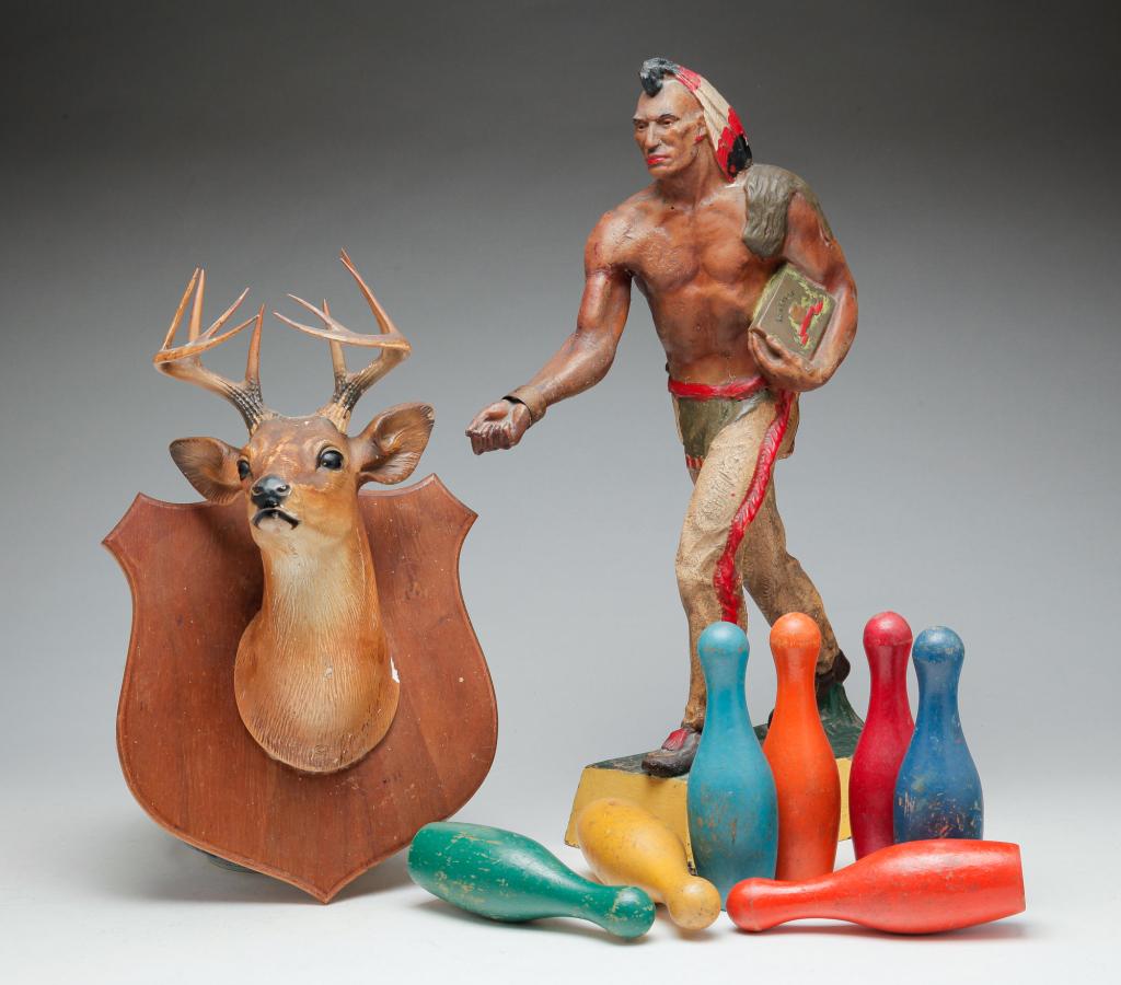 BOWLING PINS, PLASTER NATIVE AMERICAN AND STAG. (1 of 5)