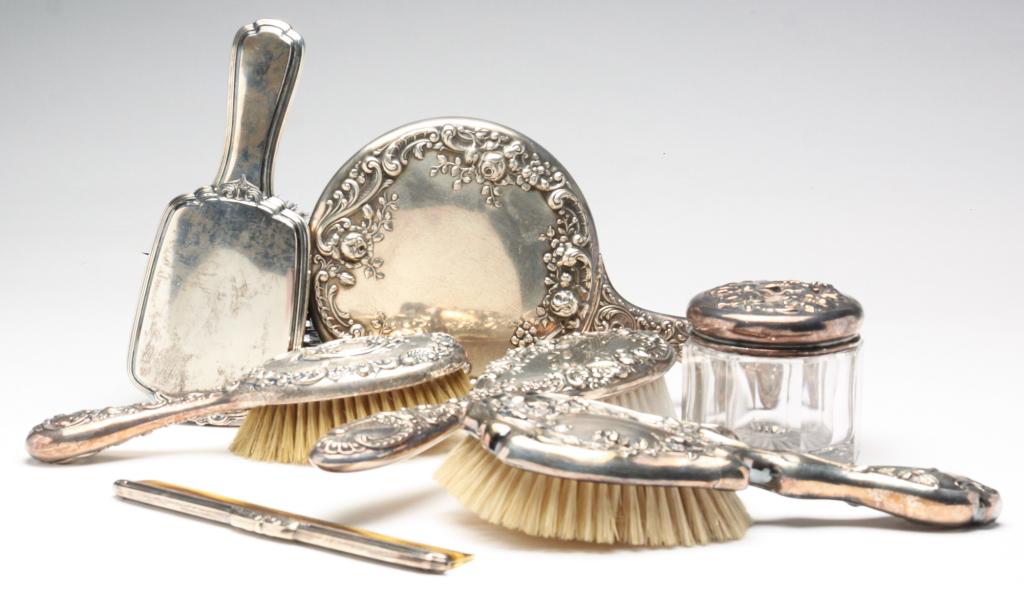STERLING AND SILVER PLATE DRESSER SET. (1 of 6)