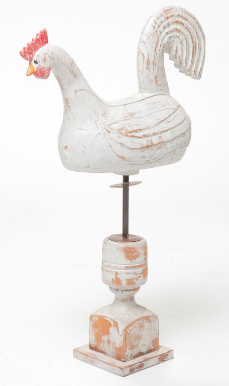 AMERICAN FOLKSY CARVED CHICKEN.: Twentieth century, pine. Bird with white and red paint and turned wooden base. Age cracks and manufactured wear. 30"h.