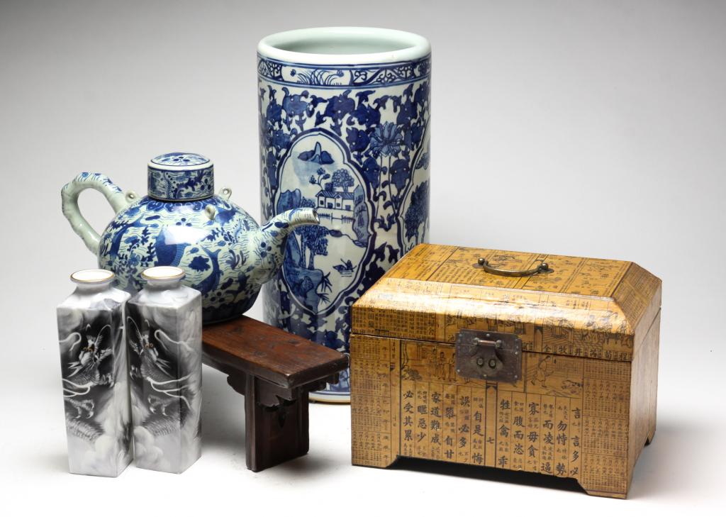 FIVE ASIAN CERAMICS AND ALTAR TABLE. (1 of 12)