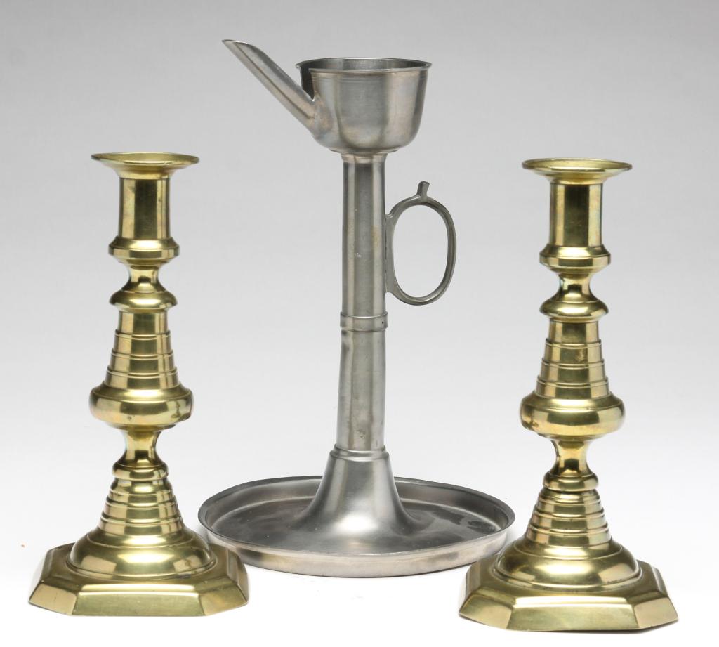PAIR OF CANDLE STICKS AND GREASE LAMP. (1 of 3)