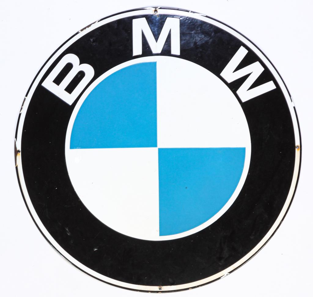 ENAMELED BMW ADVERTISING SIGN.: Mid 20th century. Black, blue and white enamel with some small chips and rust at edges. 23.5"d.
