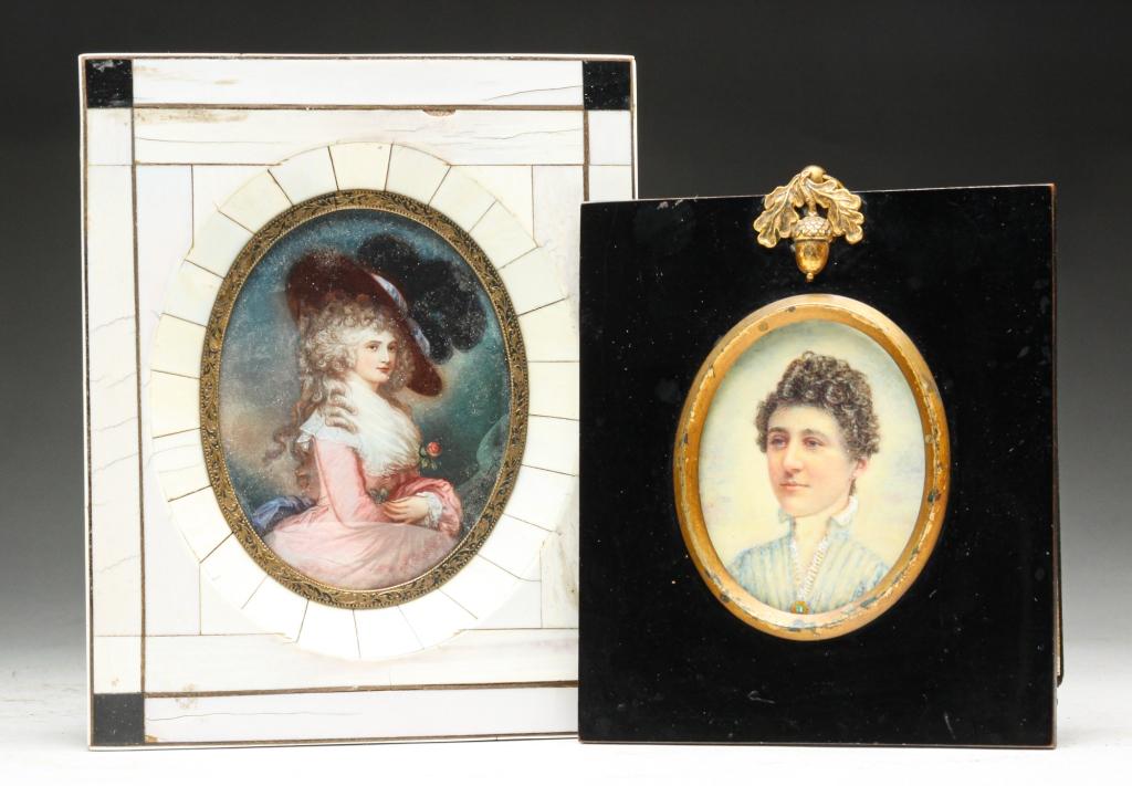 TWO MINIATURE PORTRAITS OF WOMEN.: Early 20th century. Portrait of the Duchess of Devonshire after Gainsborough. 5.75"h. 4.75"w. And an English portrait of "Miss Adelaide Walton, Painted by Miss Mabel Ingle Exhibitor RA 1906". 4.5"h. 4
