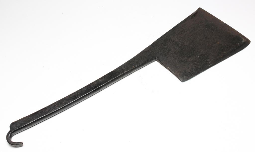 AMERICAN CAST AND FORGED IRON CLEAVER.: Second half 19th century. Some pitting and hammer dents at top of blade. 7.75"h. 27.25"l.