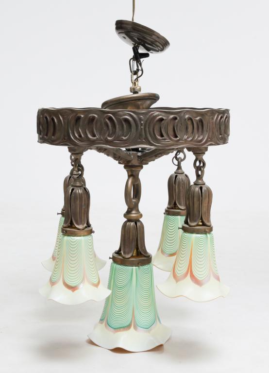 AMERICAN CHANDELIER WITH ART GLASS SHADES. (1 of 7)