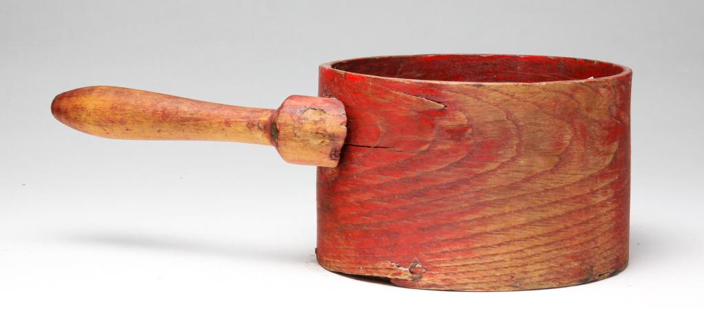 AMERICAN BENTWOOD HANDLED MEASURE.: Oak and pine with turned maple handle. Lap joint and brass tacks. Worn red paint. 4.5"h.