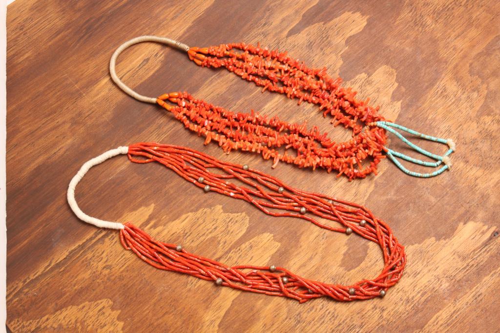 TWO NATIVE AMERICAN CORAL BEAD NECKLACES. (1 of 3)