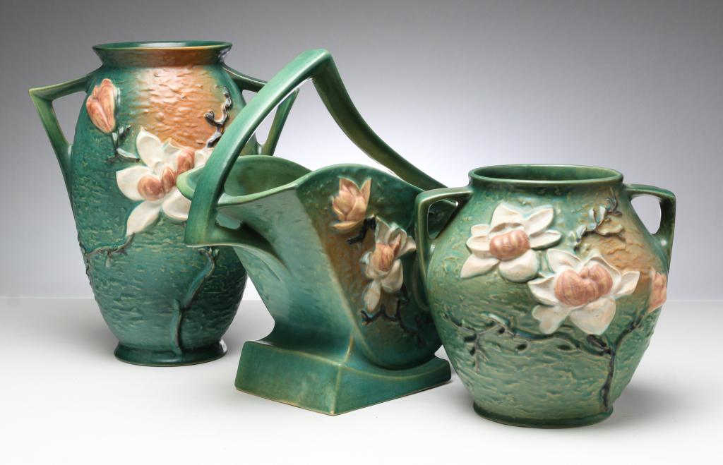 THREE ROSEVILLE "MAGNOLIA" ART POTTERY PIECES. (1 of 5)