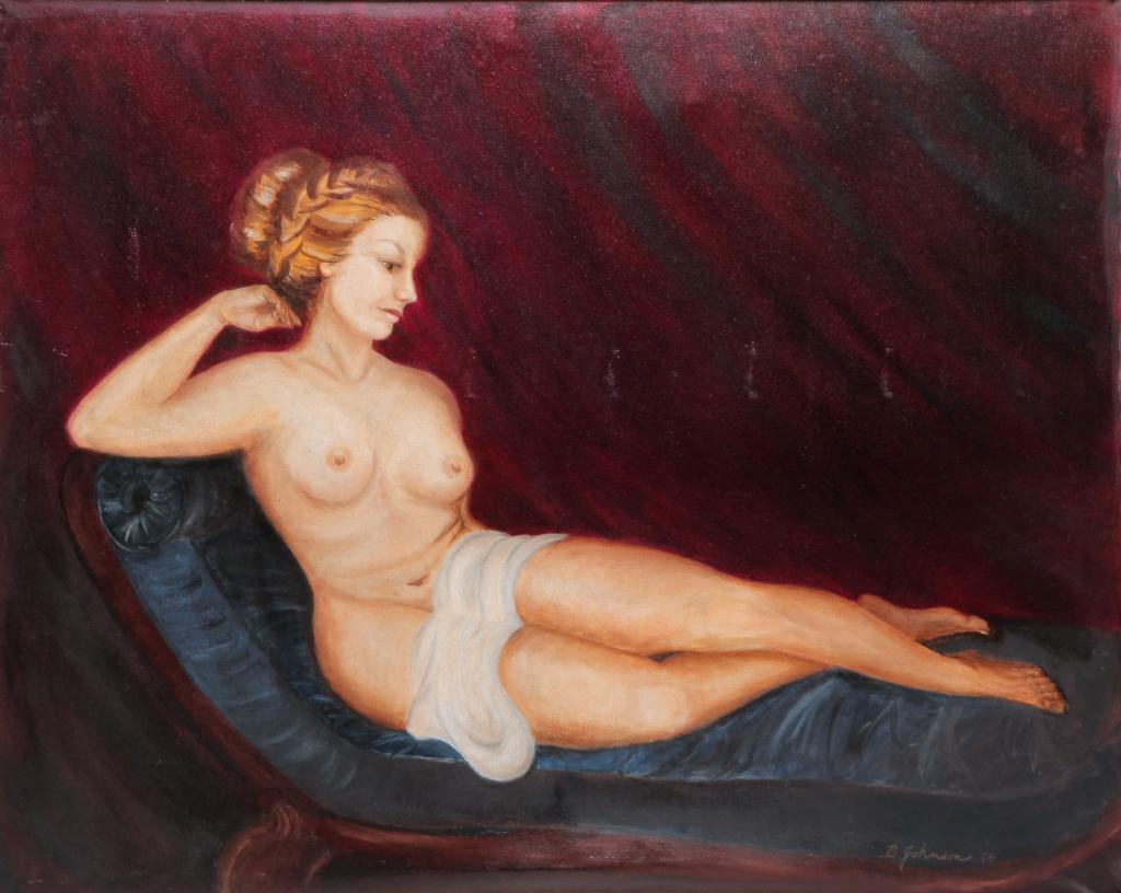 AMERICAN OIL ON CANVAS NUDE SIGNED B. JOHNSON.: Dated 1974. Female on chaise, 48"h. 60"w. Framed, 52.5"h. 64.5"w.