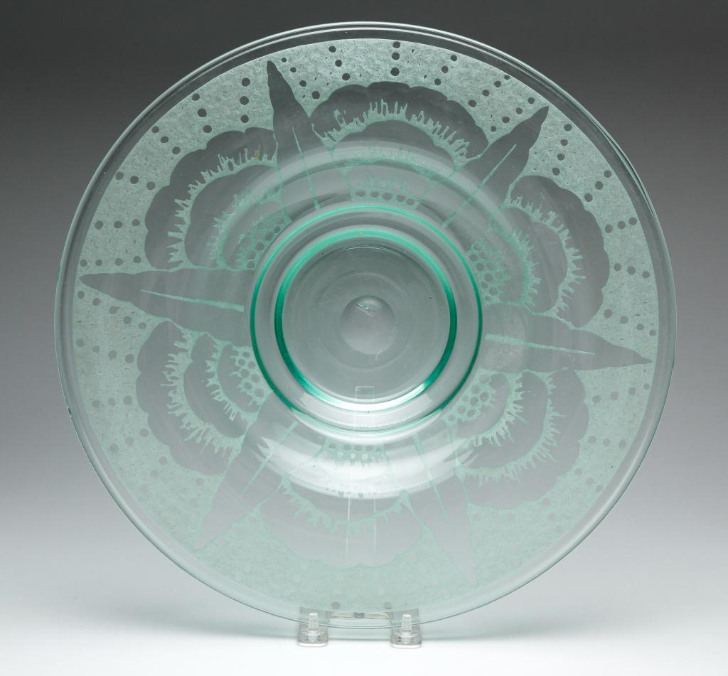 FRENCH MULLER FRERES CONSOLE BOWL.: First half 20th century. Light green, folded rim, ground polished pontil and heavily etched abstract decoration. 2"h. .14.75"d.