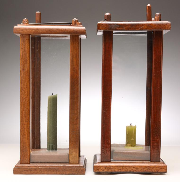 TWO REPRODUCTION WALNUT LANTERNS. (1 of 5)