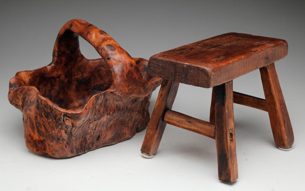 ASIAN ROOT BASKET AND FOOT STOOL. (1 of 5)