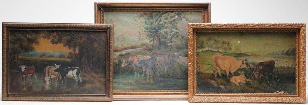 THREE AMERICAN OIL PAINTINGS WITH COWS. (1 of 8)