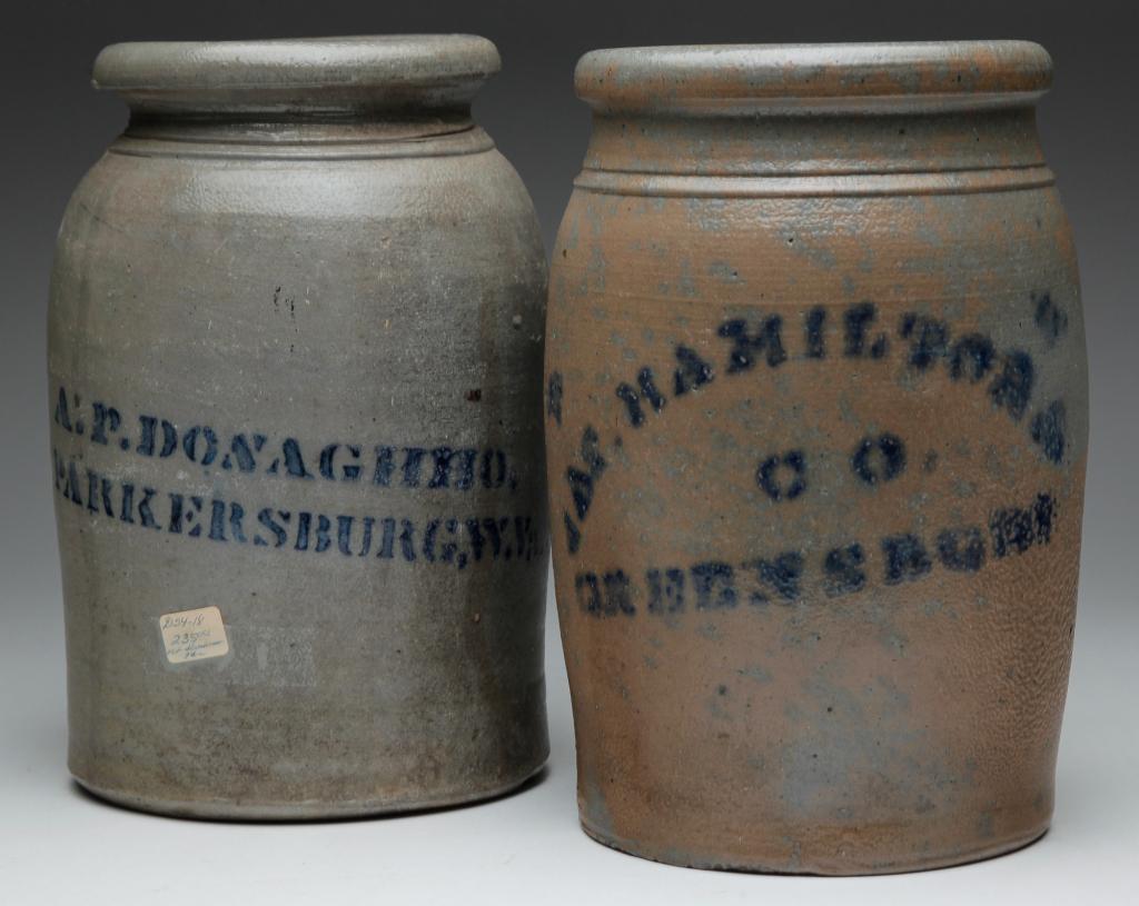 TWO AMERICAN STENCILED STONEWARE JARS. (1 of 5)