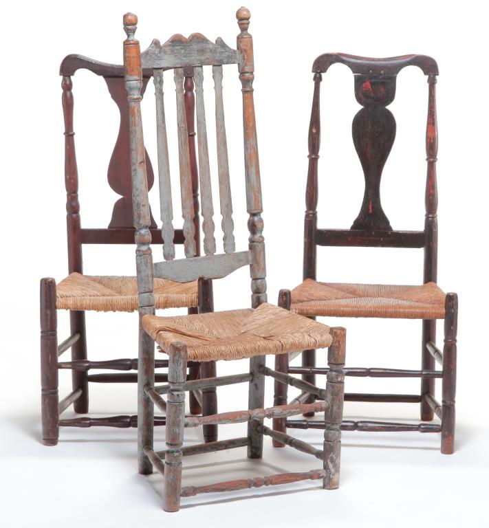 BANISTER BACK AND TWO QUEEN ANNE SIDE CHAIRS. (1 of 4)