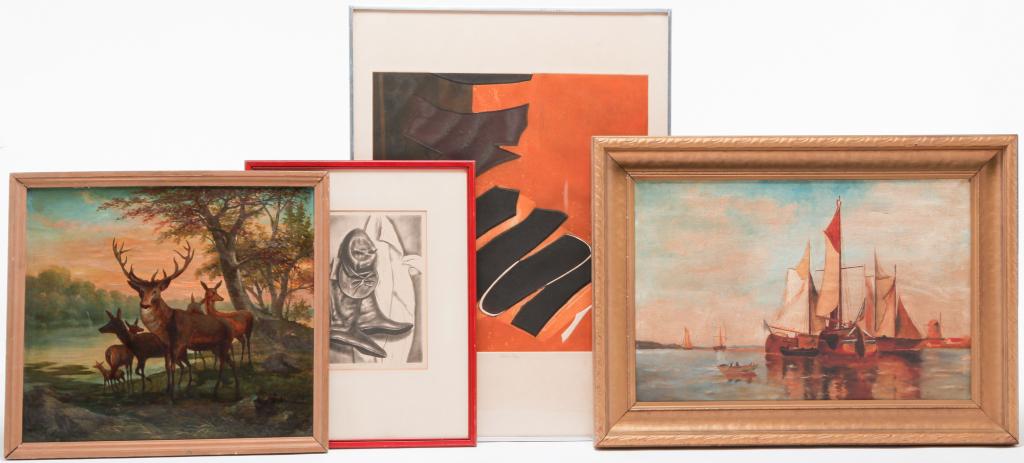 TWO FRAMED PAINTINGS AND TWO FRAMED PRINTS. (1 of 9)