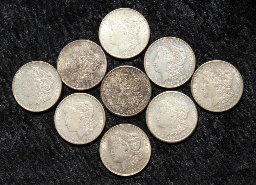GROUP OF NINE 1921 MORGAN SILVER DOLLARS. (1 of 2)