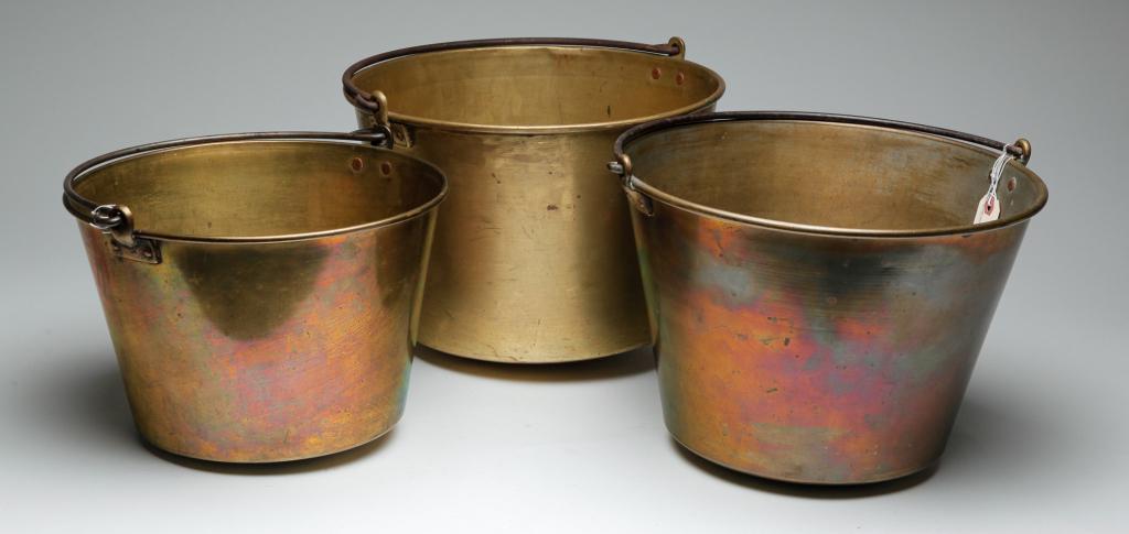 THREE AMERICAN SPUN BRASS KETTLES. (1 of 4)