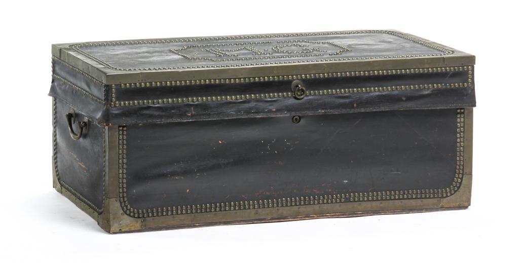 AMERICAN LEATHER COVERED TRUNK. (1 of 8)