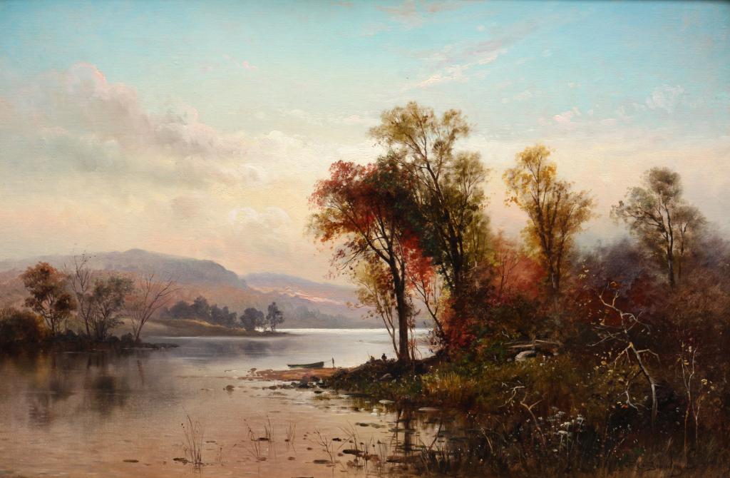 "LAKE WINNIPESAUKEE" BY FRANK CLARK BROMLEY.: American, 1859-1890. Oil on canvas, signed lower right. New Hampshire lake scene at dawn. Restoration including rebacking on canvas. 20"h. 30"w., gilt frame, 31"h. 41"w.