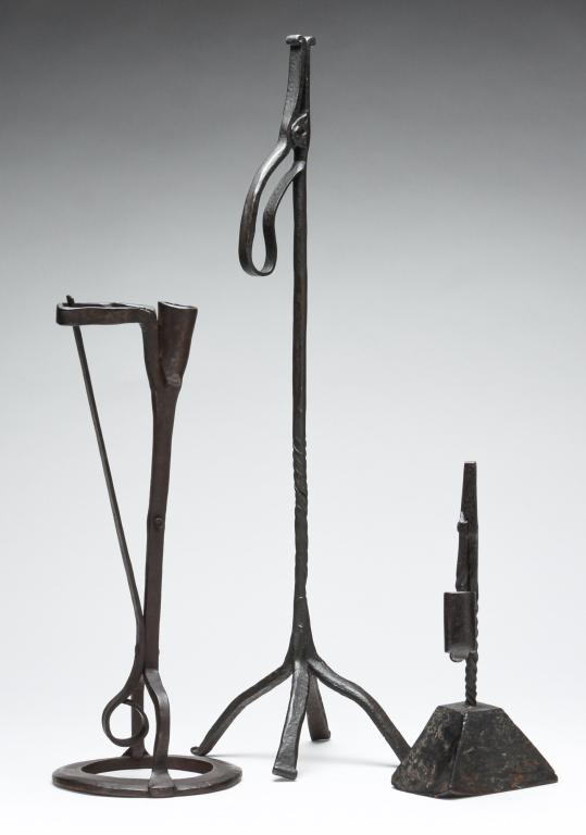THREE AMERICAN WROUGHT IRON RUSHLIGHT HOLDERS. (1 of 5)