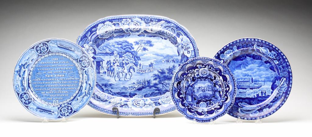 FOUR PIECES OF HISTORICAL BLUE STAFFORDSHIRE.: England, ca. 1820s. Platter with English hunt scene and tavern. Has "Neff Walton, Louisville" Kentucky retailers mark on the back. Overall staining, scratches on the back. 13.25" x 16.5". Together wit