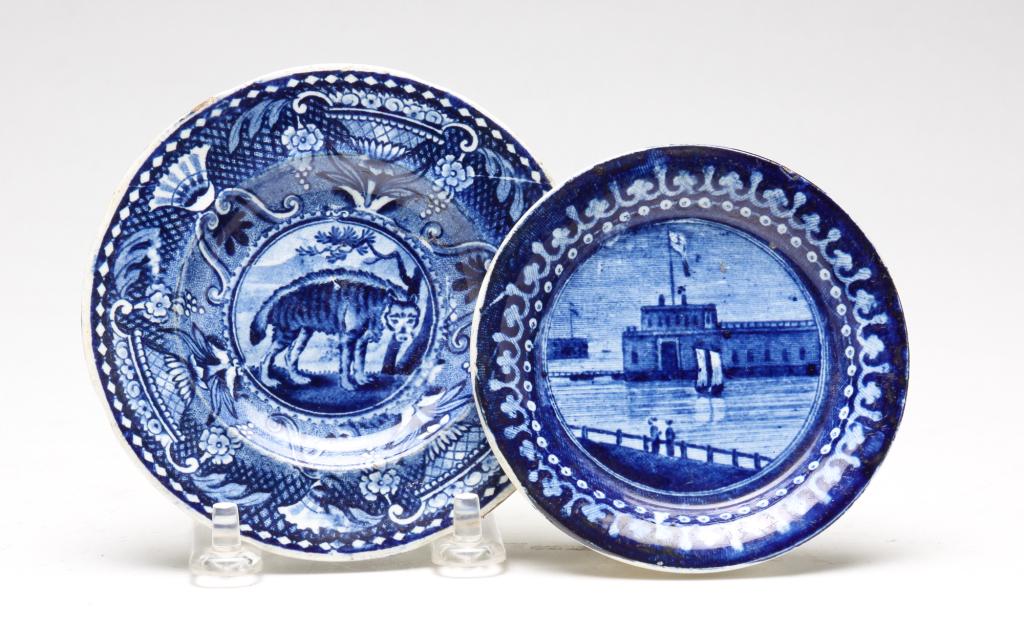 TWO ENGLISH BLUE STAFFORDSHIRE CUP PLATES. (1 of 4)