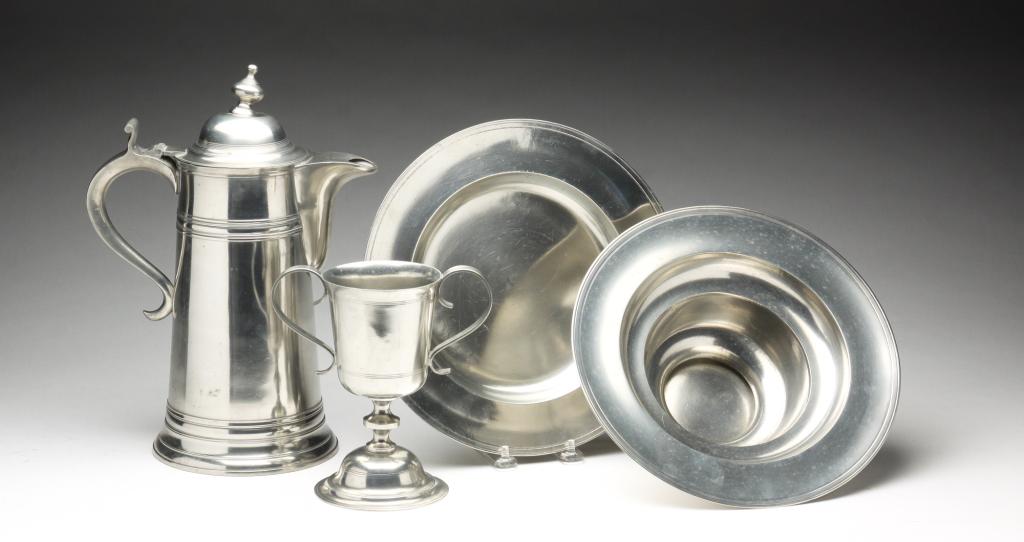 FOUR PIECE PEWTER COMMUNION SET BY ISRAEL TRASK. (1 of 5)