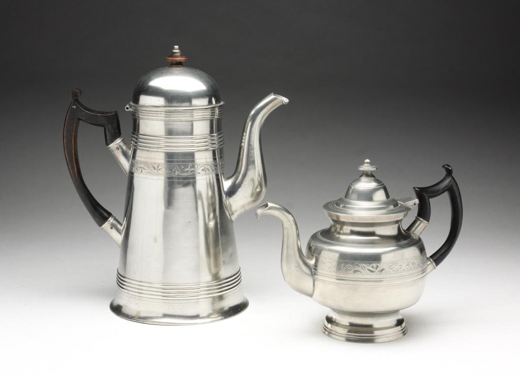 ENGRAVED PEWTER TALL POT AND TEAPOT. (1 of 6)
