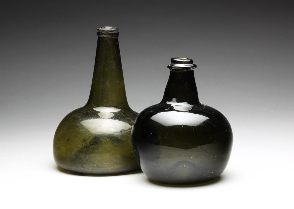 TWO ENGLISH BLOWN GLASS OLIVE BOTTLES. (1 of 3)