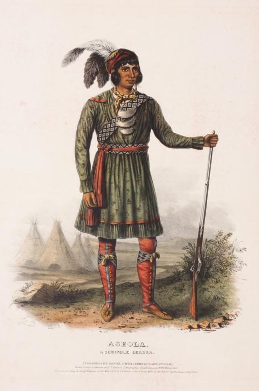 MCKENNEY & HALL PRINT "ASEOLA".: Hand colored lithograph on paper from "History of the Indian Tribes of North America" (1836 to 1844). "A Seminole Leader" with rifle. Printed by J.T. Bowen, published by Daniel Rice & James G. Clark, 