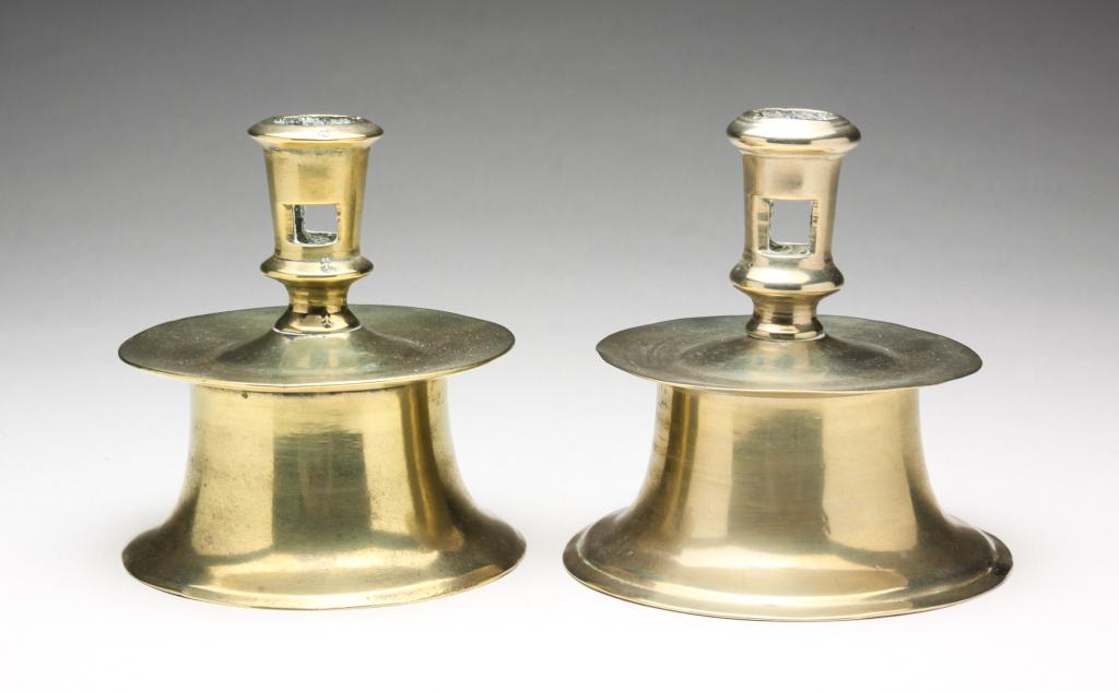 TWO SPANISH BRASS CAPSTAN CANDLESTICKS. (1 of 4)