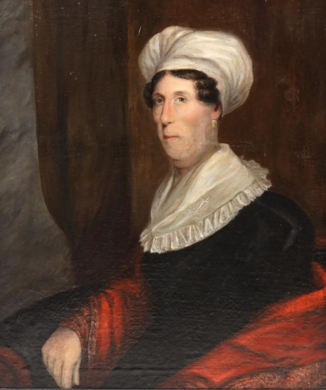 PORTRAIT OF A WOMAN.: American school, 2nd quarter 19th century. Oil on canvas, unsigned. Well to do woman in white bonnet, red shawl and gold and seed pearl earring. Restoration and repair, rebacked on masonite. Report in