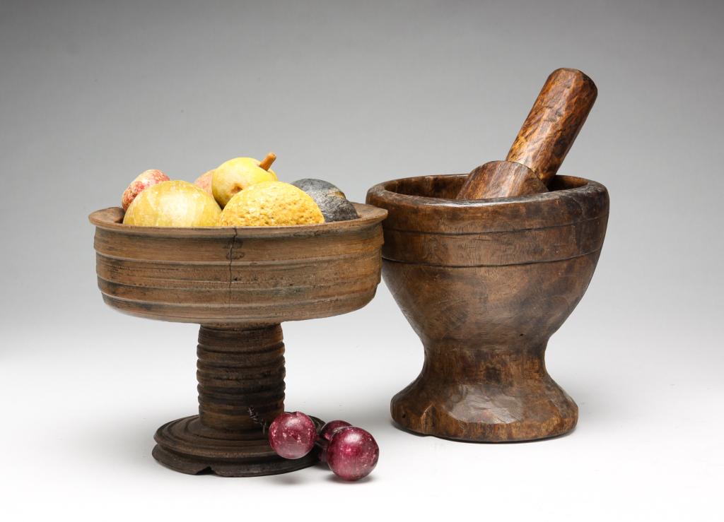 TWO PIECES OF WOODENWARE AND STONE FRUIT. (1 of 3)