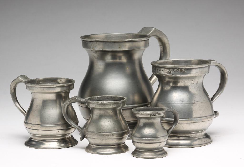 FIVE ENGLISH PEWTER BELLIED MEASURES. (1 of 7)