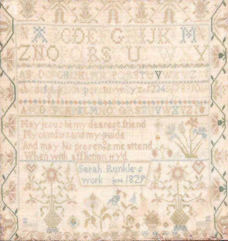 SAMPLER.: Probably American, silk on linen. Floral border including tulips, alphabets, verse and "Sarah Runkle's Work, June 1829". Edge loss. Mahogany veneer frame, 20.5"h. 19.5"w.