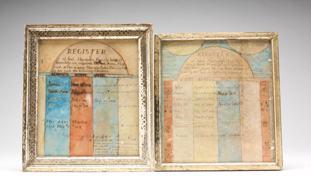 TWO AMERICAN FAMILY REGISTERS.: Ca. 1820s-30s. Watercolor and ink on paper. The earliest is on laid paper and lists the children of John and Sally Maynard. "Written by Anna Maynard, Pittsford, Vt", the second of their children born 