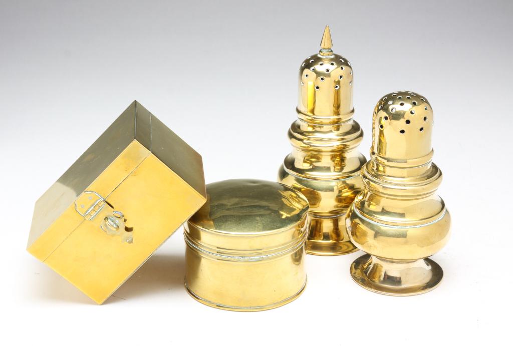 FOUR PIECES OF BRASS INCLUDING MUFFINEERS. (1 of 3)