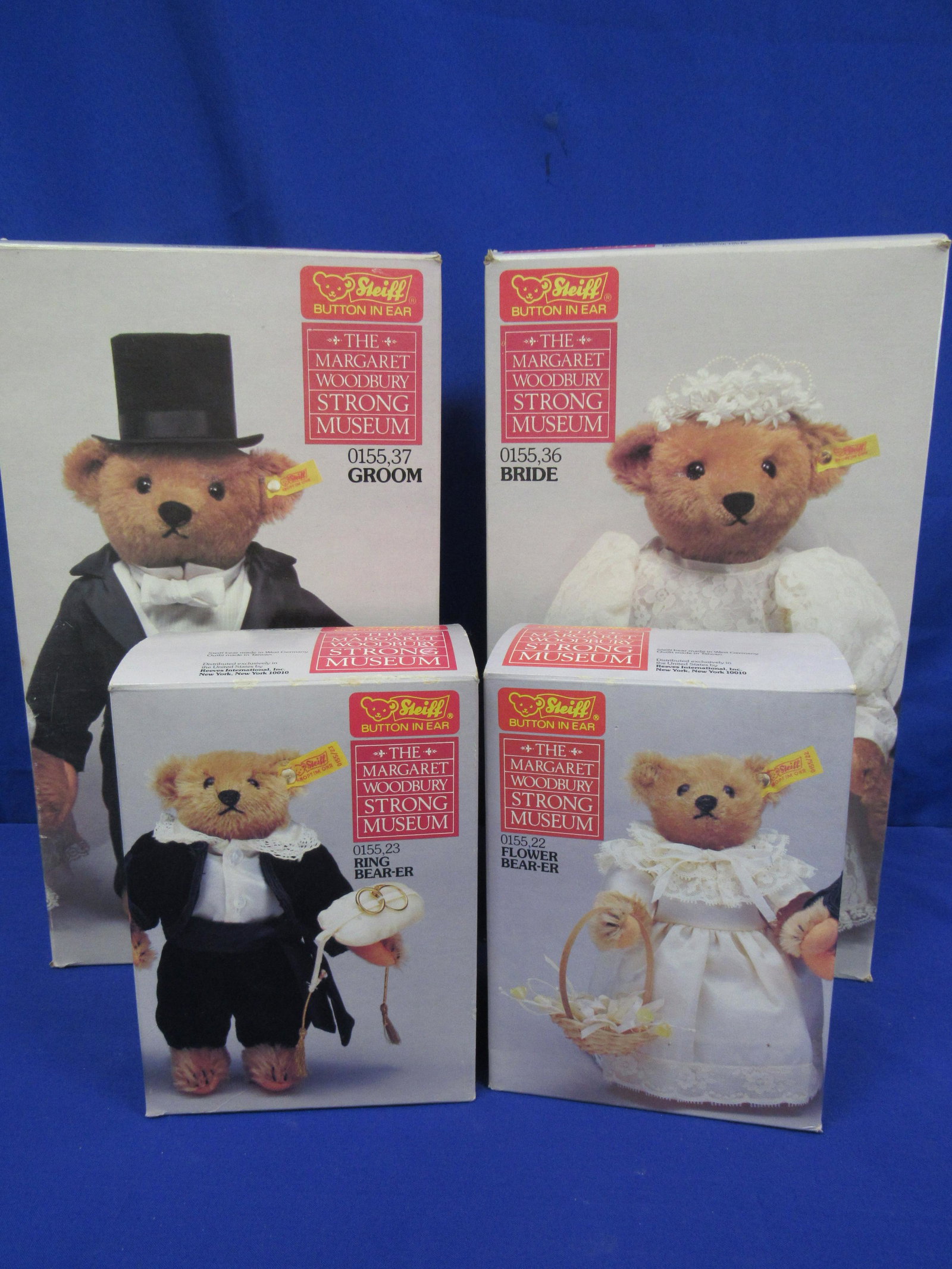 STEIFF BRIDE, GROOM, RING BEARER AND FLOWER GIRL BEARS: New, IOB. From the Margarete Woodbury Strong Museum Collection.