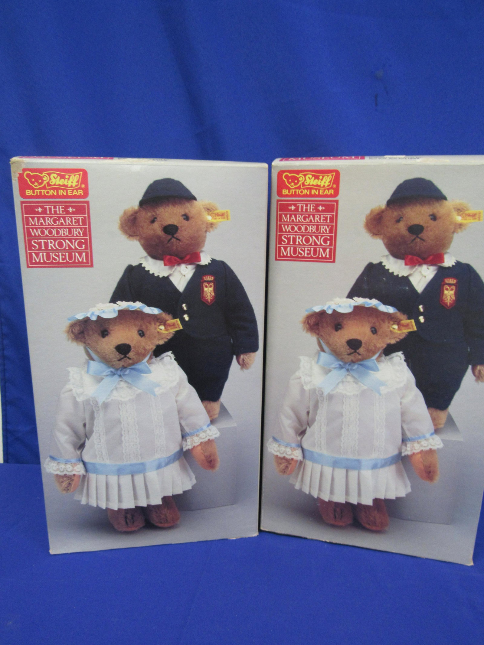 PAIR of STEIFF VICTORIAN BOY AND GIRL BEARS: New, IOB. From the Margarete Woodbury Strong Museum Collection.